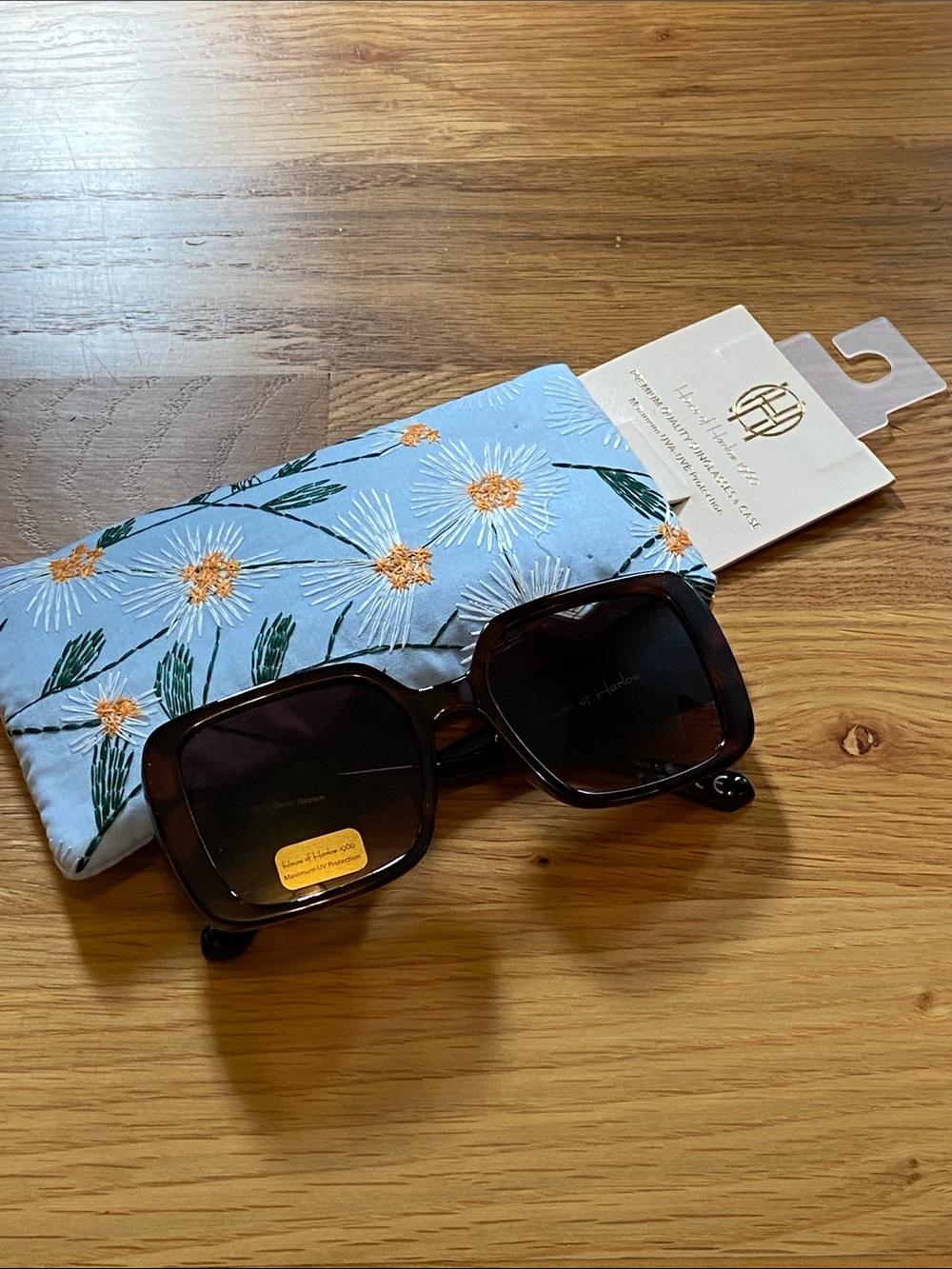 House of Harlow 1960 Dark Brown Square Sunglasses with Floral Pouch